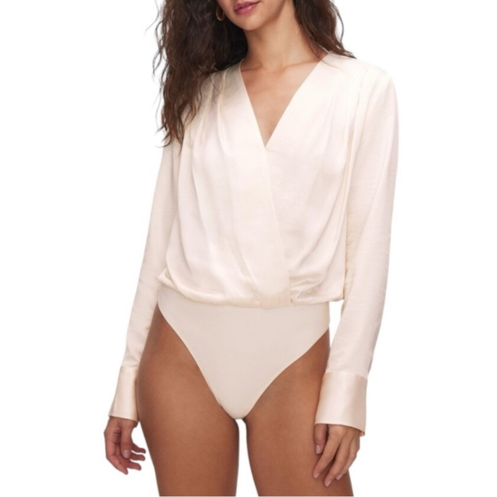 Good American Cream Surplice Long-Sleeve Bodysuit
